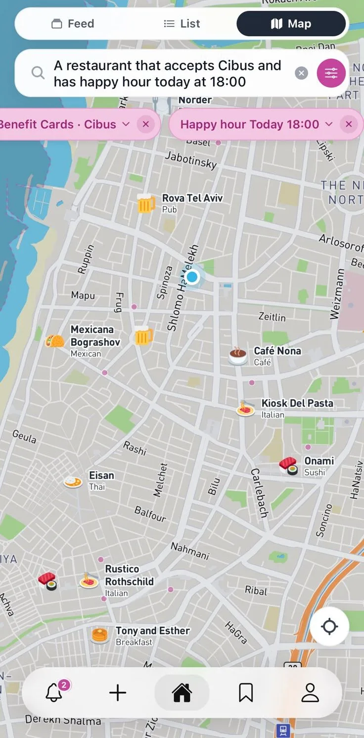 Map of places with pins and filter chips